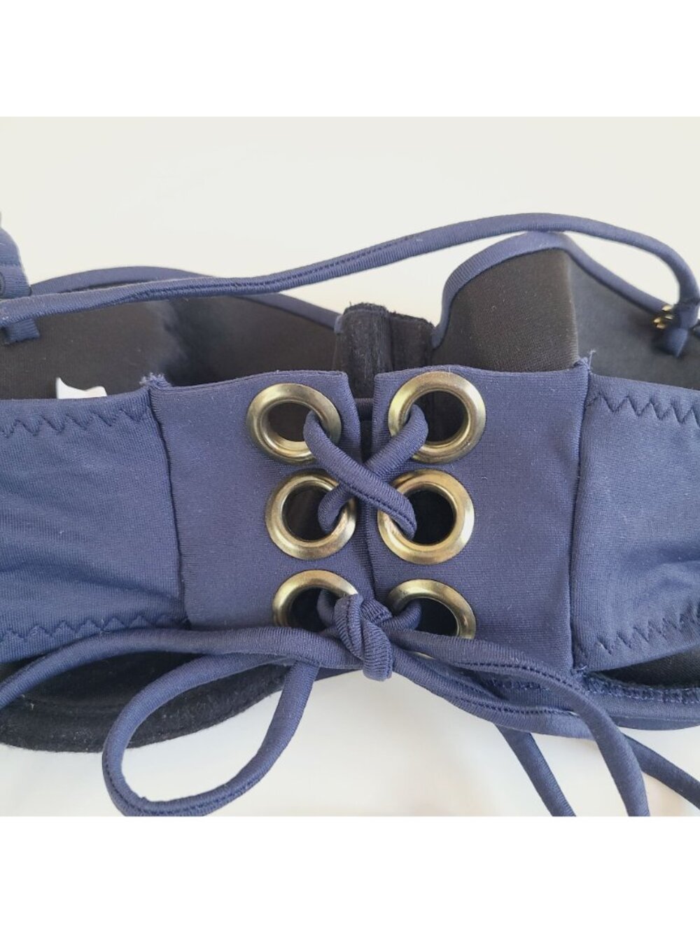 Yandy Navy Blue Bandeau Underwire Bikini Top Lace-Up Back Halter Tie Grommets - Picture 3 of 13